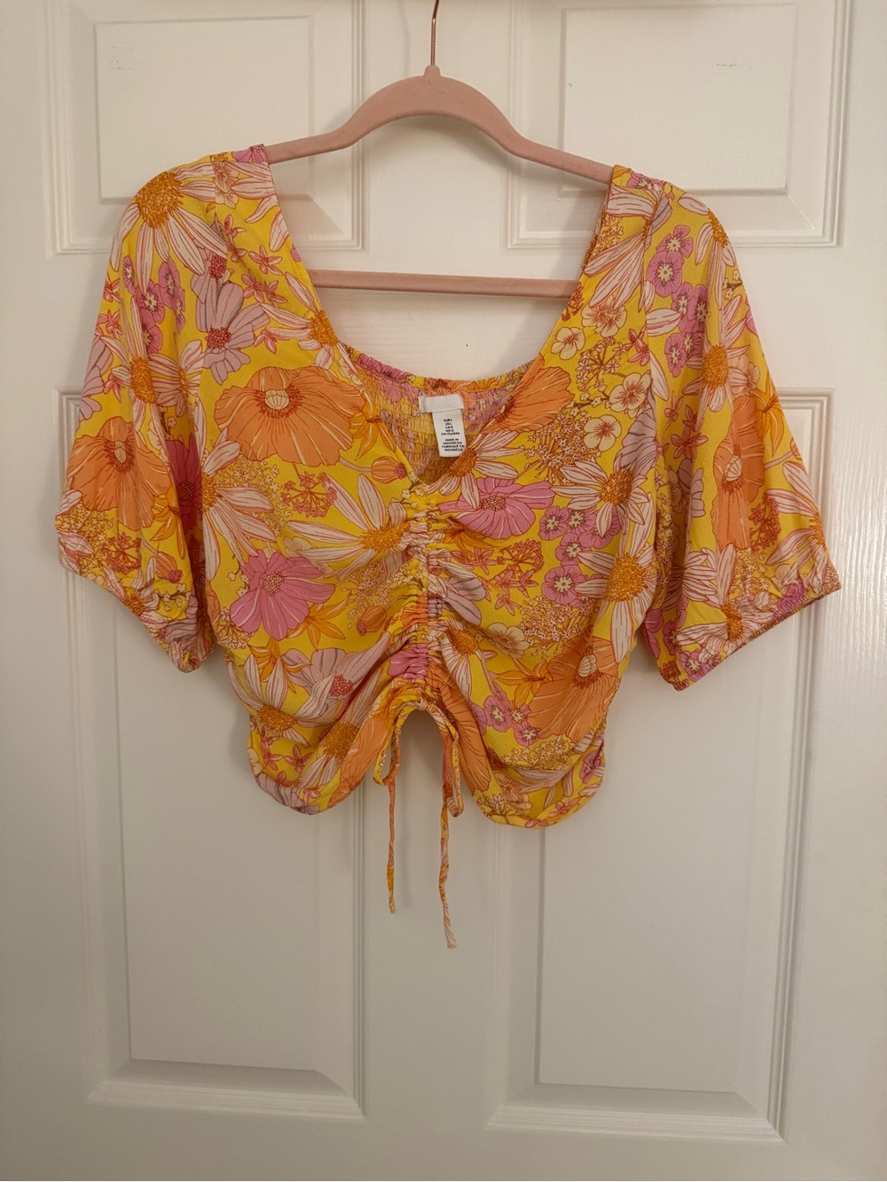 H&M 70s Floral Ruched Crop Top - Yellow Pink